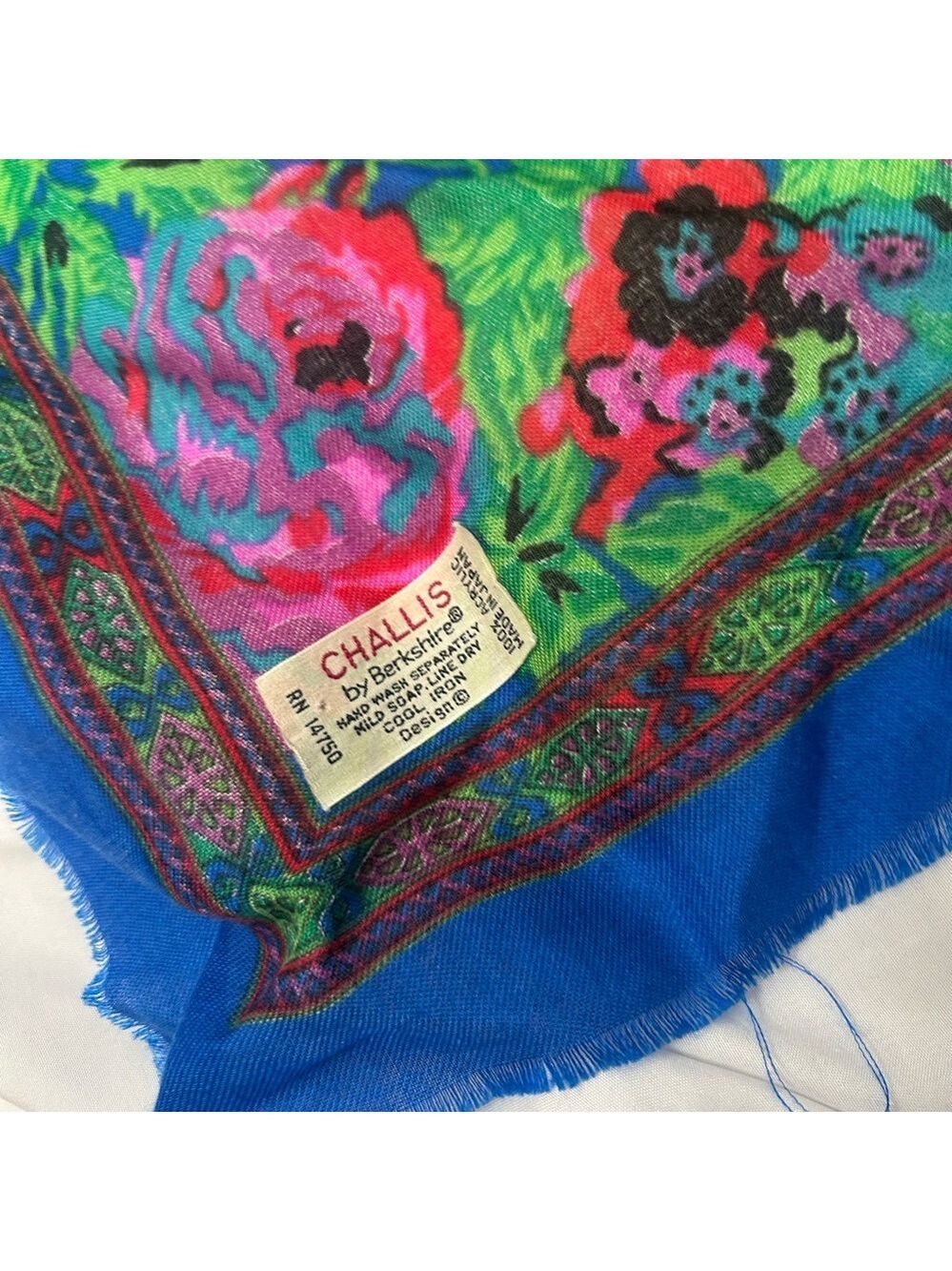 Vintage Challis By Berkshire Scarf  Blue Red Floral  RN 14570 Made In Japan - Picture 7 of 7
